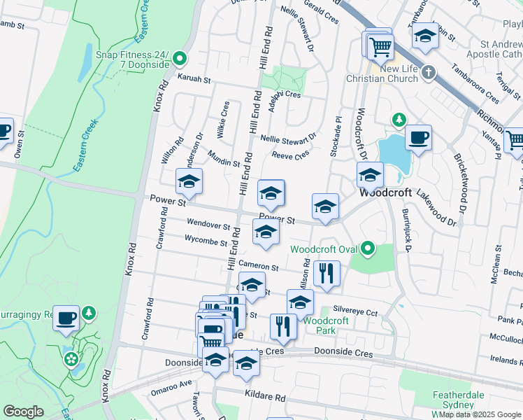 map of restaurants, bars, coffee shops, grocery stores, and more near 39 Power Street in Doonside
