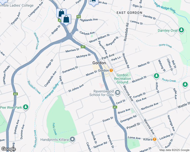 map of restaurants, bars, coffee shops, grocery stores, and more near 27 Saint Johns Avenue in Gordon