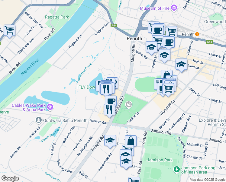 map of restaurants, bars, coffee shops, grocery stores, and more near 123 Mulgoa Road in Penrith