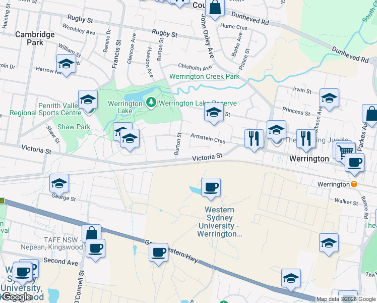 map of restaurants, bars, coffee shops, grocery stores, and more near 21 Reindeer Place in Werrington