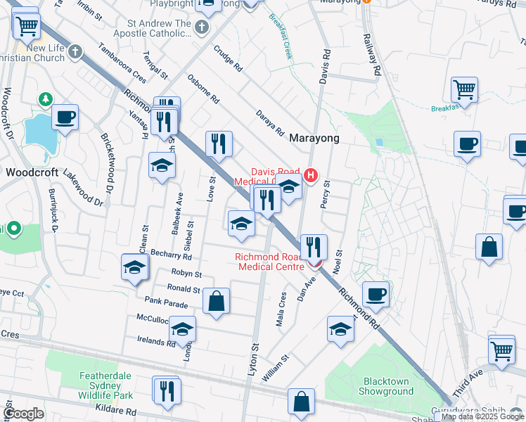 map of restaurants, bars, coffee shops, grocery stores, and more near Richmond Road in Blacktown
