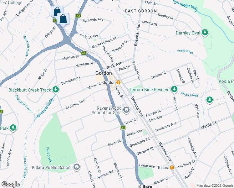 map of restaurants, bars, coffee shops, grocery stores, and more near 34 Henry Street in Gordon