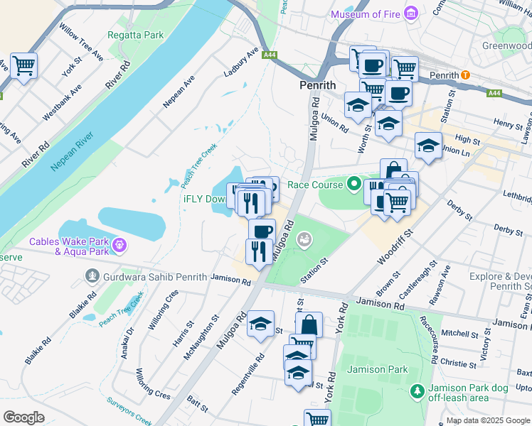 map of restaurants, bars, coffee shops, grocery stores, and more near 123 Mulgoa Road in Penrith