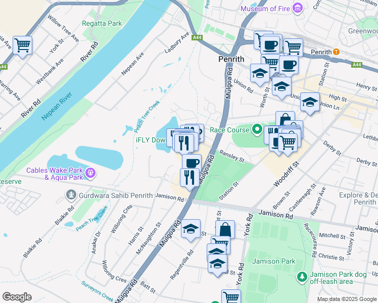 map of restaurants, bars, coffee shops, grocery stores, and more near 123 Mulgoa Road in Penrith