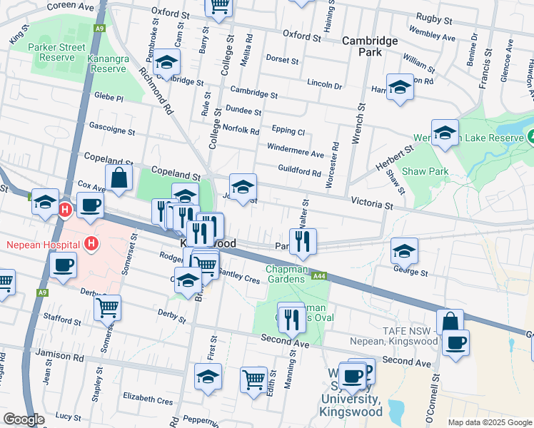map of restaurants, bars, coffee shops, grocery stores, and more near 80 Joseph Street in Kingswood