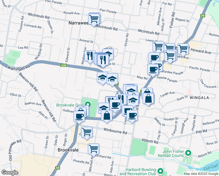 map of restaurants, bars, coffee shops, grocery stores, and more near 16 Shackel Avenue in Brookvale
