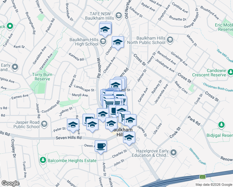 map of restaurants, bars, coffee shops, grocery stores, and more near 62 Old Northern Road in Baulkham Hills