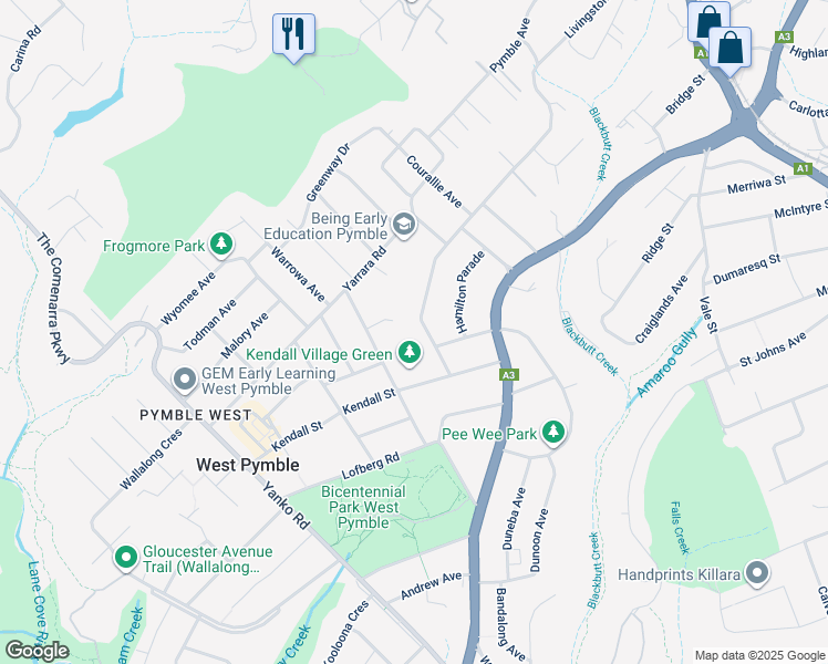 map of restaurants, bars, coffee shops, grocery stores, and more near 149 Livingstone Avenue in Pymble