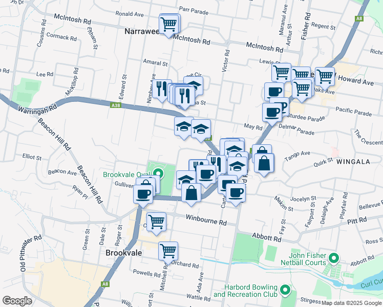 map of restaurants, bars, coffee shops, grocery stores, and more near 19 Shackel Avenue in Brookvale