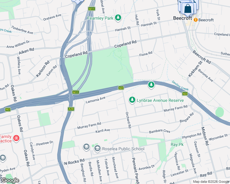 map of restaurants, bars, coffee shops, grocery stores, and more near 8 Lamorna Avenue in Beecroft
