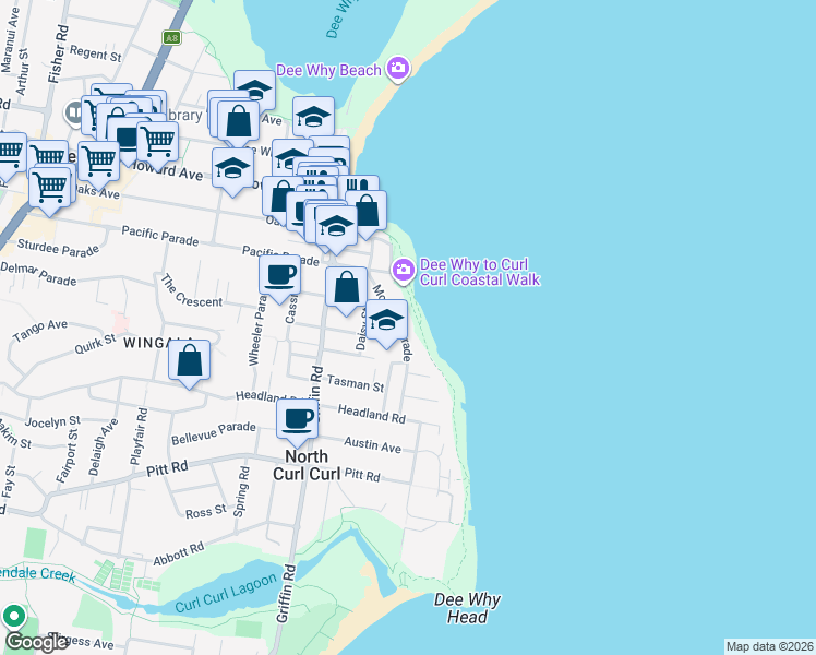 map of restaurants, bars, coffee shops, grocery stores, and more near 34 Monash Parade in Dee Why