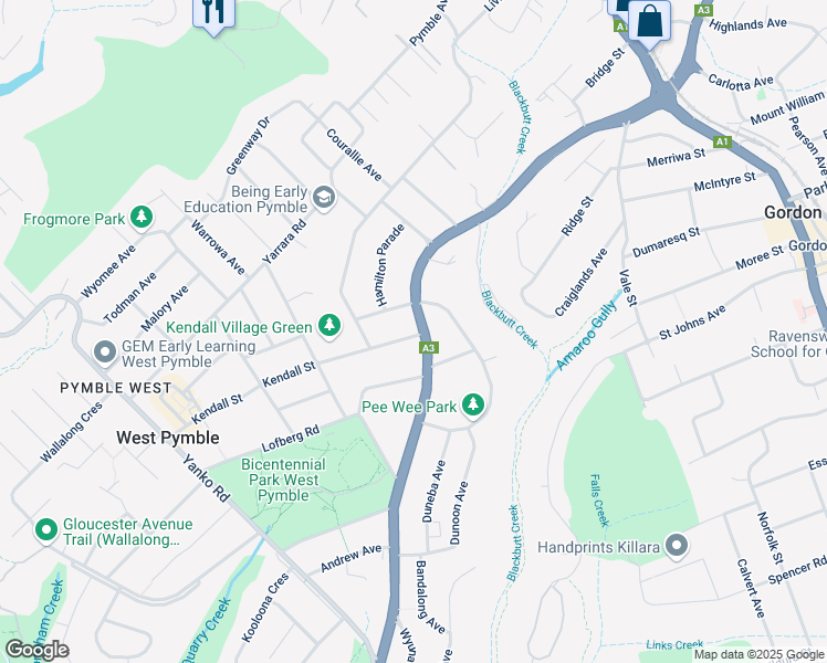 map of restaurants, bars, coffee shops, grocery stores, and more near 1A Kendall Street in Pymble