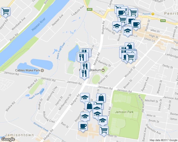 map of restaurants, bars, coffee shops, grocery stores, and more near Mulgoa Road in Penrith