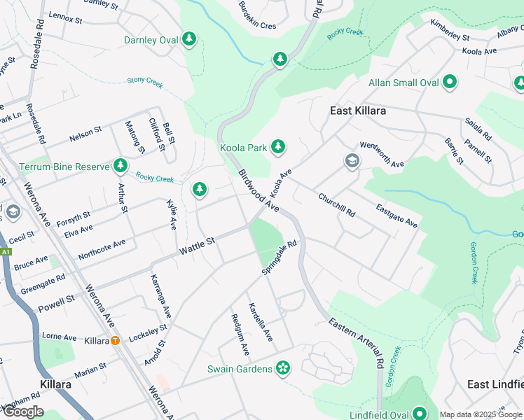 map of restaurants, bars, coffee shops, grocery stores, and more near Koola Avenue in Killara
