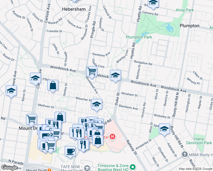 map of restaurants, bars, coffee shops, grocery stores, and more near 23 Plunkett Crescent in Mount Druitt