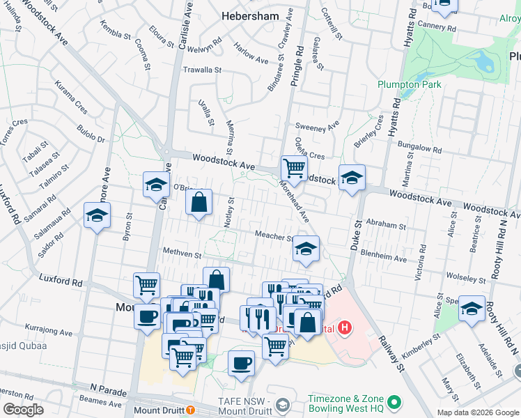 map of restaurants, bars, coffee shops, grocery stores, and more near 36 O'Brien Street in Mount Druitt