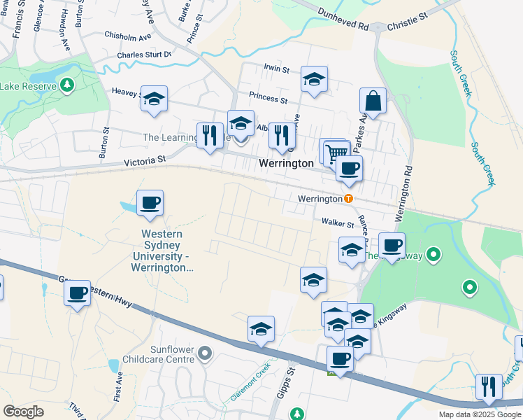 map of restaurants, bars, coffee shops, grocery stores, and more near 24 Chapman Street in Werrington
