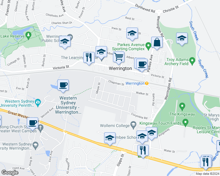 map of restaurants, bars, coffee shops, grocery stores, and more near 24 Chapman Street in Werrington