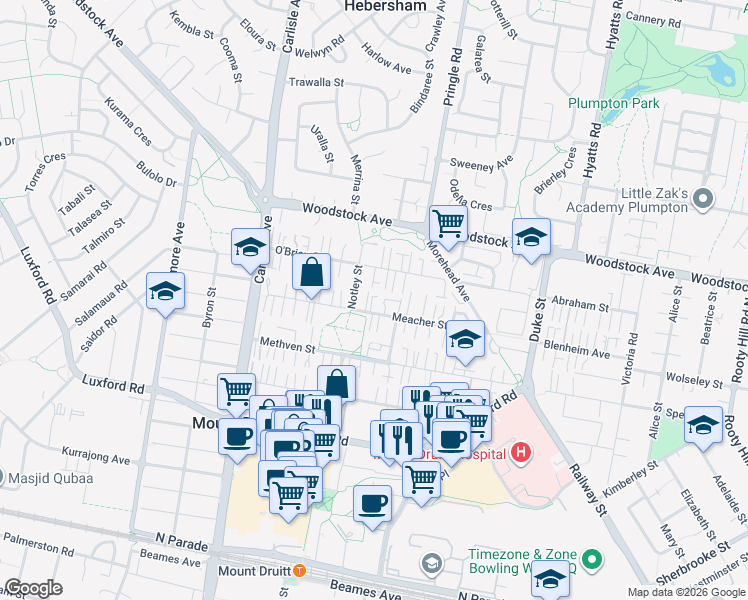 map of restaurants, bars, coffee shops, grocery stores, and more near 31 Meacher Street in Mount Druitt