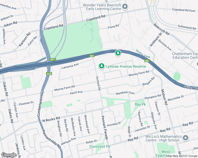 map of restaurants, bars, coffee shops, grocery stores, and more near 116 Murray Farm Road in Beecroft