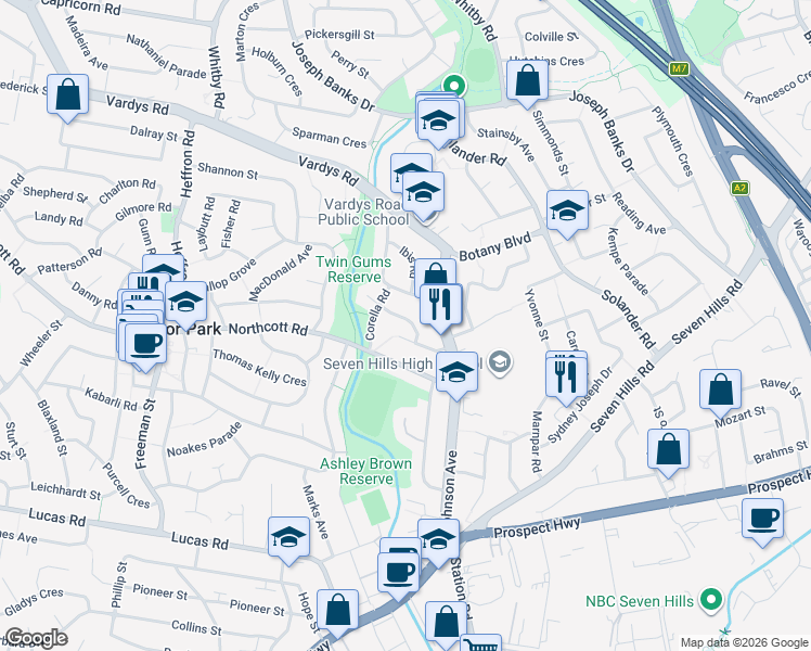 map of restaurants, bars, coffee shops, grocery stores, and more near 8 Wonga Road in Lalor Park