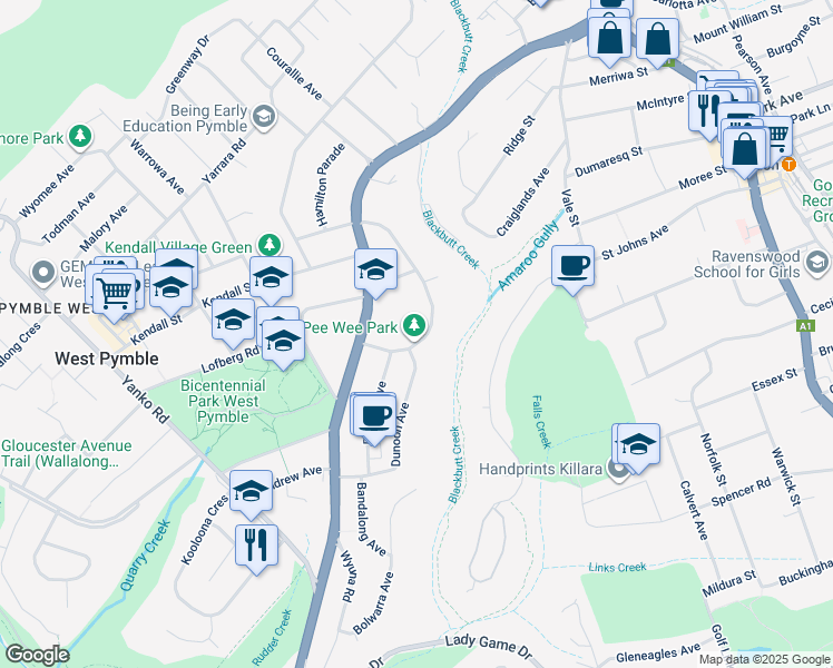 map of restaurants, bars, coffee shops, grocery stores, and more near 37 Kiparra Street in West Pymble