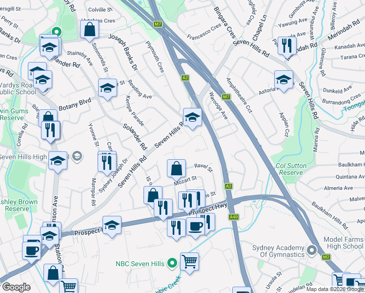 map of restaurants, bars, coffee shops, grocery stores, and more near Beethoven Street in Seven Hills