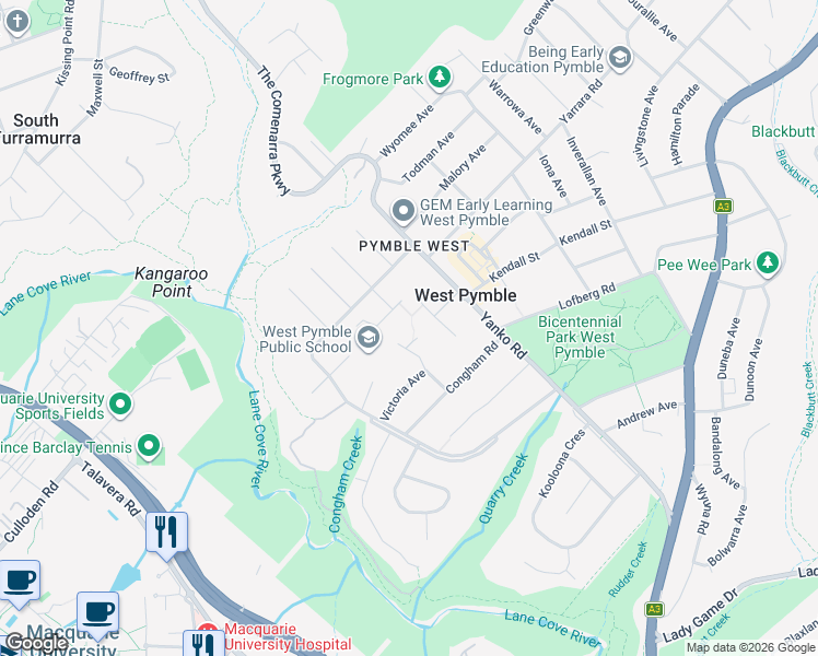 map of restaurants, bars, coffee shops, grocery stores, and more near 4 Sequoia Close in West Pymble