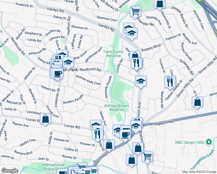 map of restaurants, bars, coffee shops, grocery stores, and more near 20 Kennedy Parade in Lalor Park