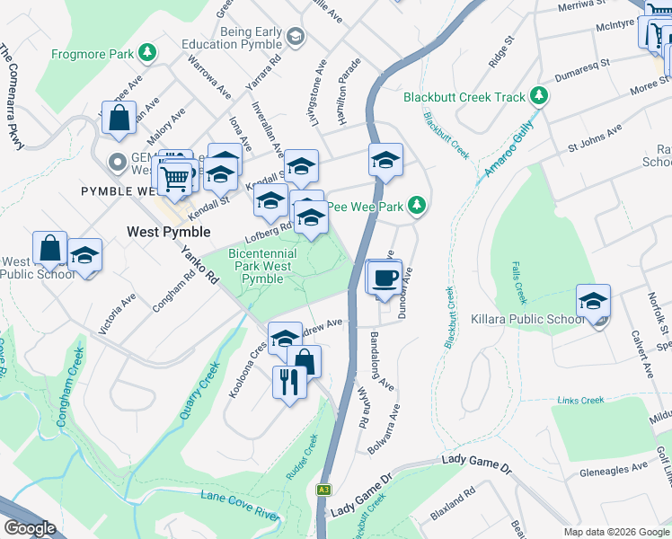 map of restaurants, bars, coffee shops, grocery stores, and more near Prince of Wales Drive in West Pymble