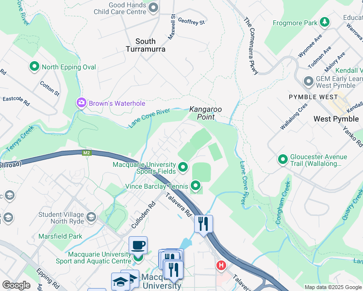 map of restaurants, bars, coffee shops, grocery stores, and more near 11 Busaco Road in Marsfield
