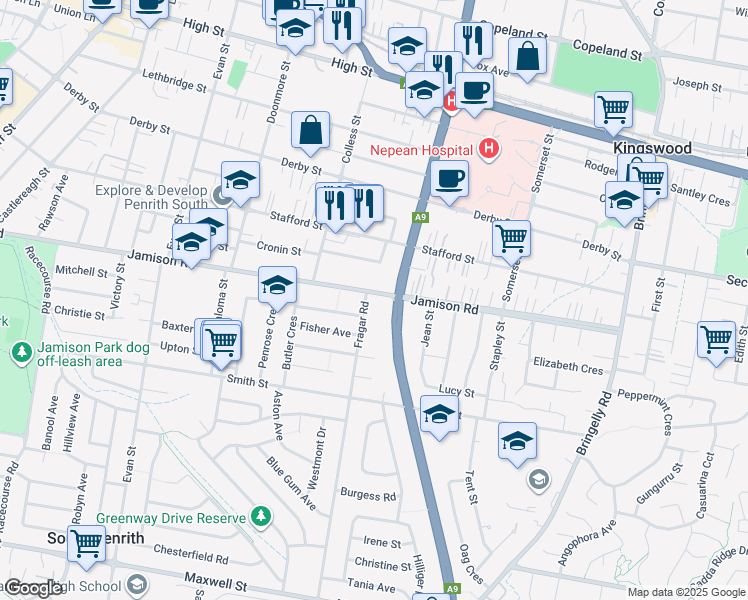 map of restaurants, bars, coffee shops, grocery stores, and more near 102 Jamison Road in South Penrith