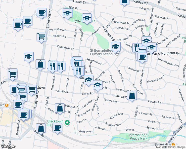 map of restaurants, bars, coffee shops, grocery stores, and more near 19 Mountfort Street in Lalor Park