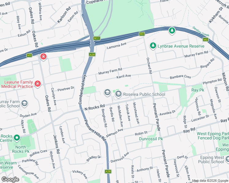 map of restaurants, bars, coffee shops, grocery stores, and more near 547-549 North Rocks Road in Carlingford