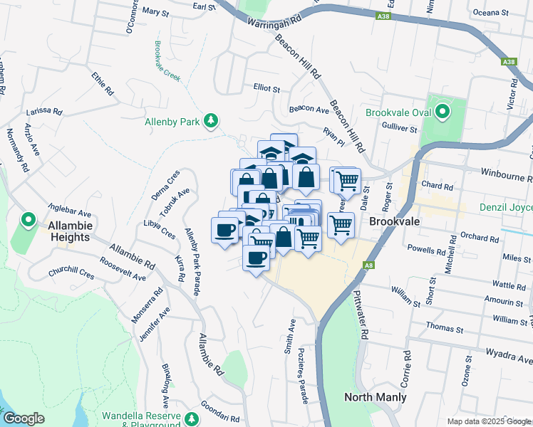 map of restaurants, bars, coffee shops, grocery stores, and more near in Warringah Mall