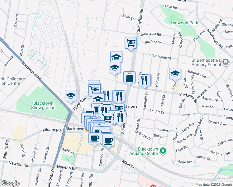 map of restaurants, bars, coffee shops, grocery stores, and more near 12 Fourth Avenue in Blacktown