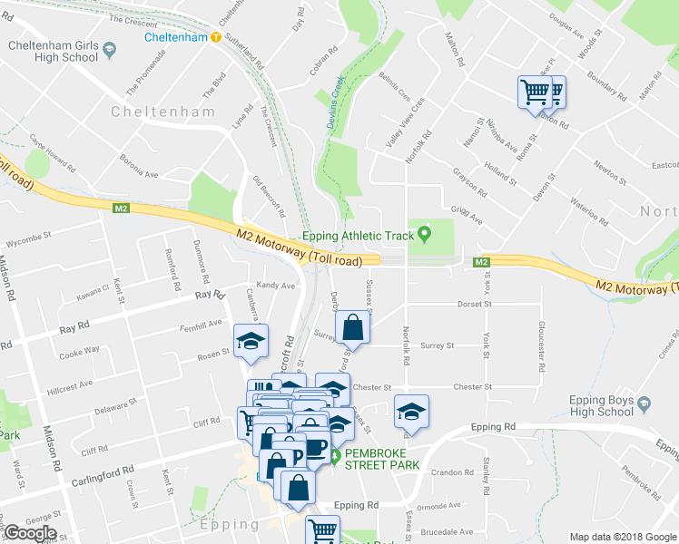 map of restaurants, bars, coffee shops, grocery stores, and more near 2A Somerset Street in Epping