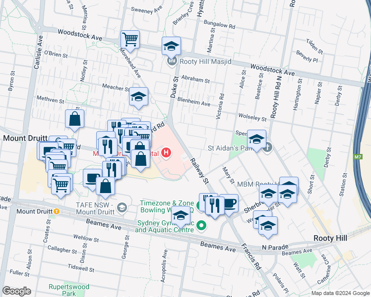 map of restaurants, bars, coffee shops, grocery stores, and more near 75 Railway St in Mt Druitt