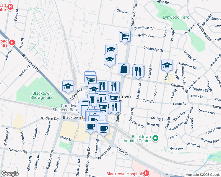 map of restaurants, bars, coffee shops, grocery stores, and more near 12 Fourth Avenue in Blacktown