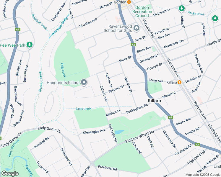 map of restaurants, bars, coffee shops, grocery stores, and more near 45 Spencer Road in Killara