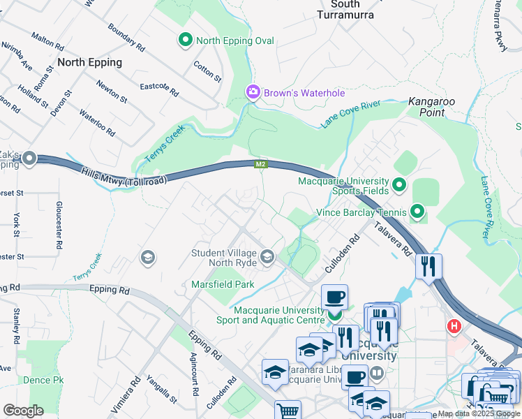 map of restaurants, bars, coffee shops, grocery stores, and more near 5 Trafalgar Place in Marsfield