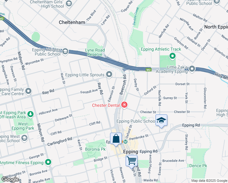 map of restaurants, bars, coffee shops, grocery stores, and more near 32 Edensor Street in Epping