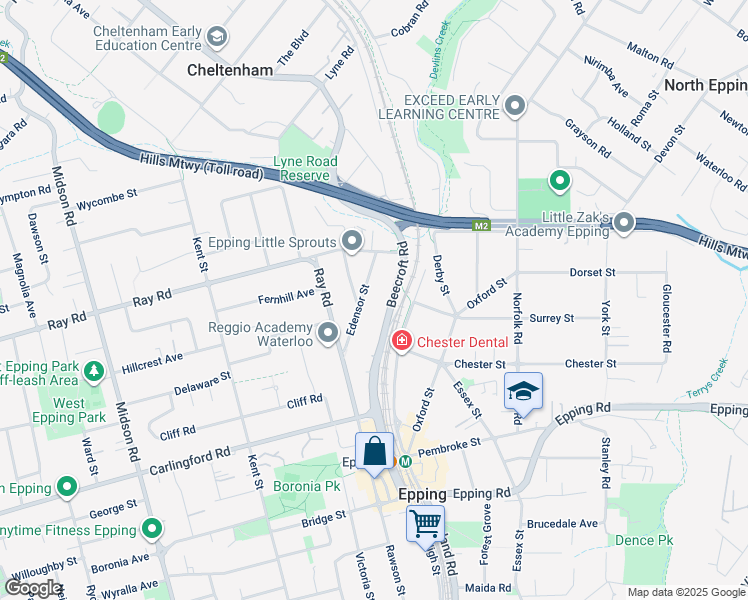 map of restaurants, bars, coffee shops, grocery stores, and more near 24 Edensor Street in Epping