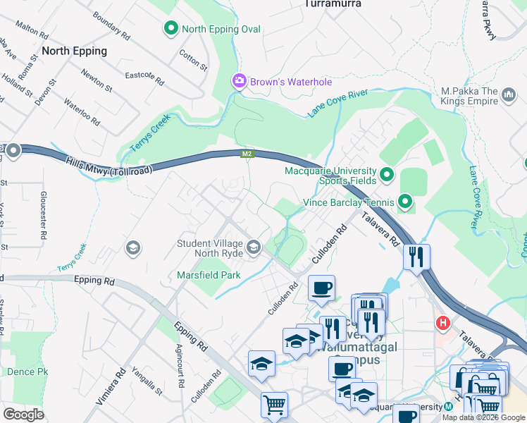 map of restaurants, bars, coffee shops, grocery stores, and more near 3 Trafalgar Place in Marsfield