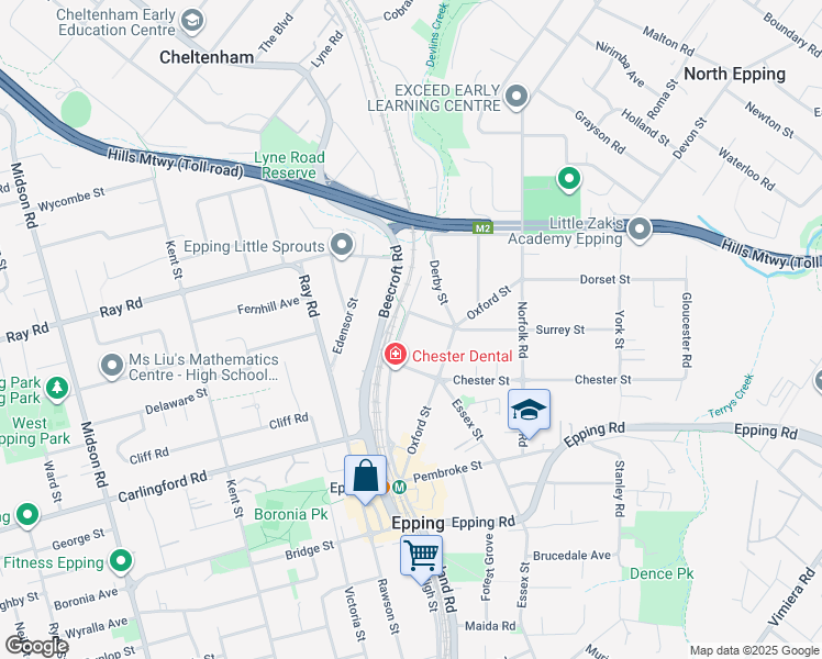 map of restaurants, bars, coffee shops, grocery stores, and more near 42 Cambridge Street in Epping