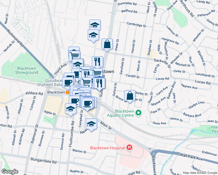 map of restaurants, bars, coffee shops, grocery stores, and more near 35 Clifton Street in Blacktown