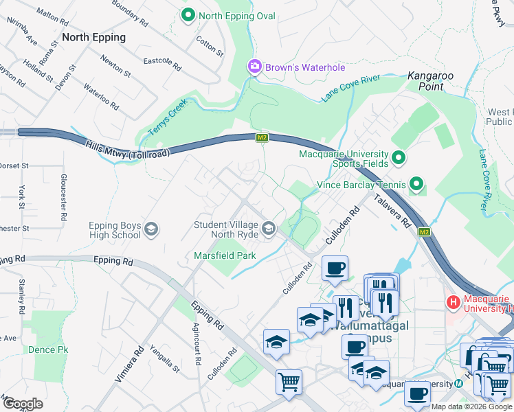 map of restaurants, bars, coffee shops, grocery stores, and more near 203 Waterloo Road in Marsfield