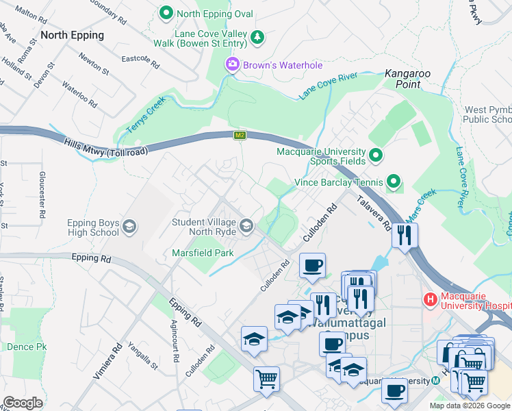 map of restaurants, bars, coffee shops, grocery stores, and more near 199 Waterloo Road in Marsfield