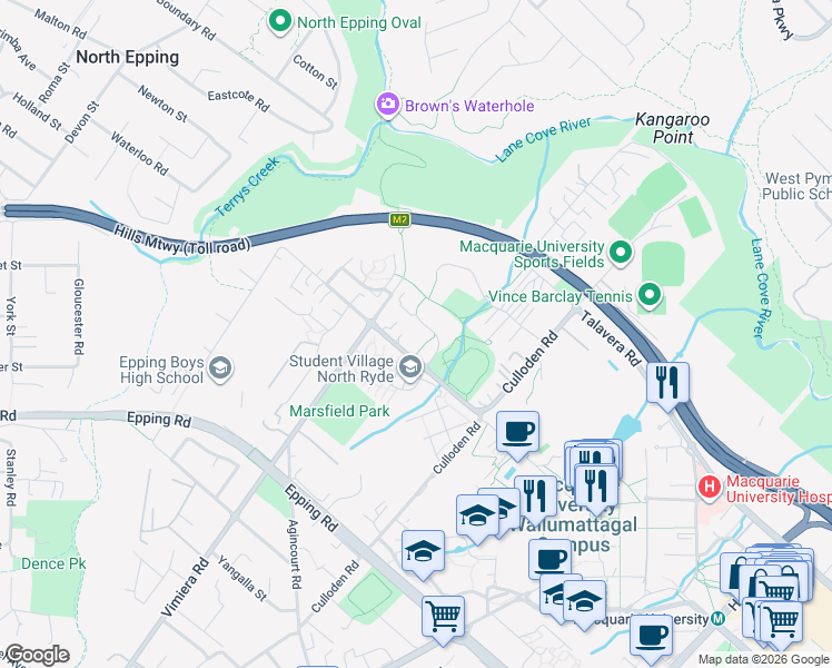map of restaurants, bars, coffee shops, grocery stores, and more near 199 Waterloo Road in Marsfield