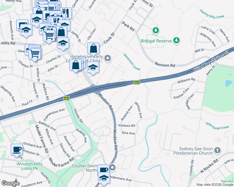 map of restaurants, bars, coffee shops, grocery stores, and more near 16 Russell Street in Northmead